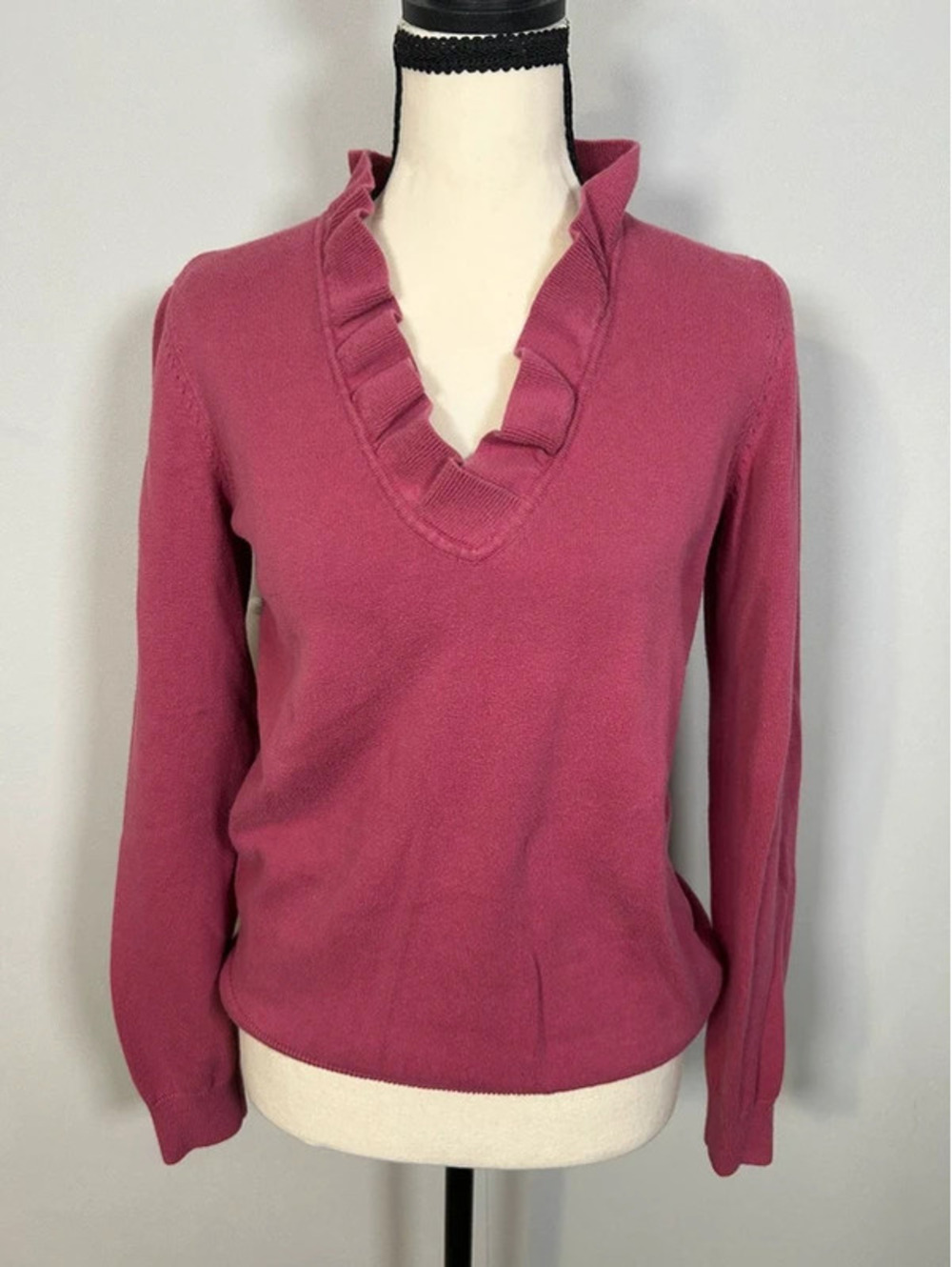 Ann Taylor LOFT Ruffle V-Neck Sweater Pink Long Sleeve Size S